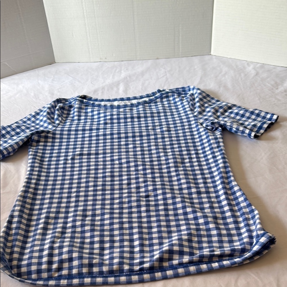 Talbots Petites Blue Gingham Check Stretch Tee Top SP